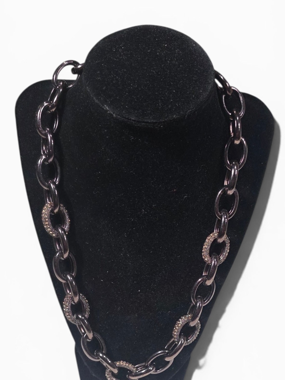 Brown Chunky Chain Link Necklace with Pave Crystal Links 16 Inch.